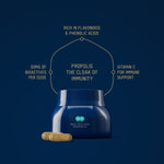 Blue container with text about propolis and its benefits on a dark blue background