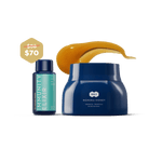 Blue bottle labeled 'Immunity Elixir' and blue jar labeled 'Manuka Honey' on a green background