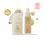 Manuka Health skincare products on a green background with a visible discount label.