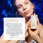 A woman holds a bottle of Manda Health Psoralic cream against a dark blue textured background, with a large white review card overlaid on the left side showing a five-star rating and customer testimonial.