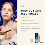 Promotional skincare graphic with a woman holding a dropper beside text reading 'PROTECT AND ILLUMINATE' and product bottles shown at the bottom right. The design includes a cream background, dark blue accents, and a visible COSMESE NATURAL seal.
