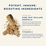Promotional graphic for a supplement featuring two clear capsules filled with tan powder, with loose powder spilled around them on a light cream background. Text reads 'POTENT, IMMUNE-BOOSTING INGREDIENTS' and names 'PURE NEW ZEALAND PROPOLIS' and 'VITAMIN C' with dosages 140MG and 100MG.
