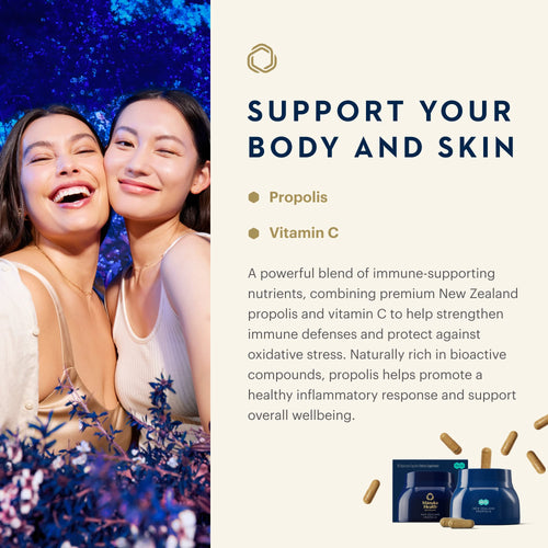 Promotional graphic for a skincare product. The left side features two smiling women embracing against a dark blue floral background.