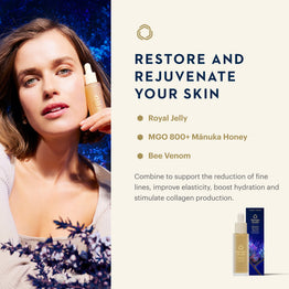 A skincare ad featuring a woman holding a golden serum bottle against a dark blue textured background on the left, and product information on the right. The right side includes text reading 'RESTORE AND REJUVENATE YOUR SKIN' with ingredients Royal Jelly, MGO 800+ Mánuka Honey, and Bee Venom, plus a small product bottle and box at the bottom right.