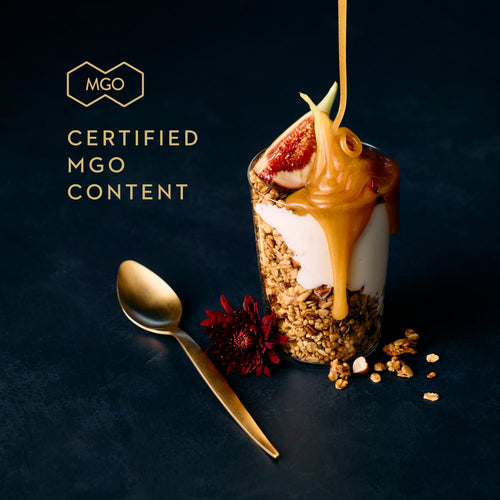 A glass dessert topped with caramel drizzle, sliced strawberry, and granola, styled on a dark surface with a gold spoon and a red flower. Gold text on the left reads 'MGO CERTIFIED MGO CONTENT'.