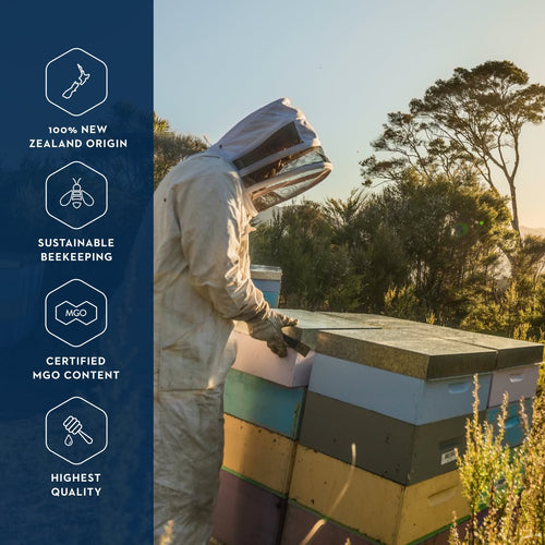 Person in a beekeeping suit working on a beehive with sustainability features listed on the side.