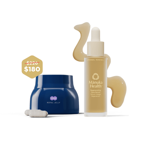 Blue jar and Manuka Health bottle with dropper on a green background