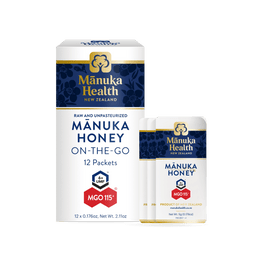 Manuka Health Manuka Honey snap pack box packaging MGO 115 on a white background.