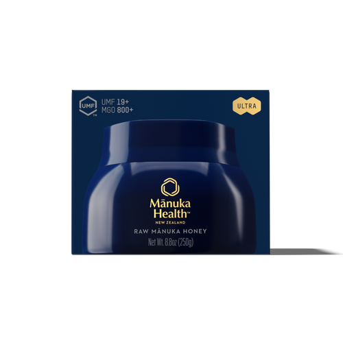 Manuka Health raw manuka honey packaging on a white background.
