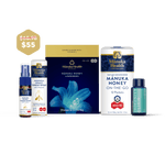 A bundle of Manuka Health products displayed on a dark green background, including a $55 deal sticker, Manuka Honey Lozenges box, Manuka Honey On-the-Go box, Manuka Honey Chest Spray, and an Immunity bottle.