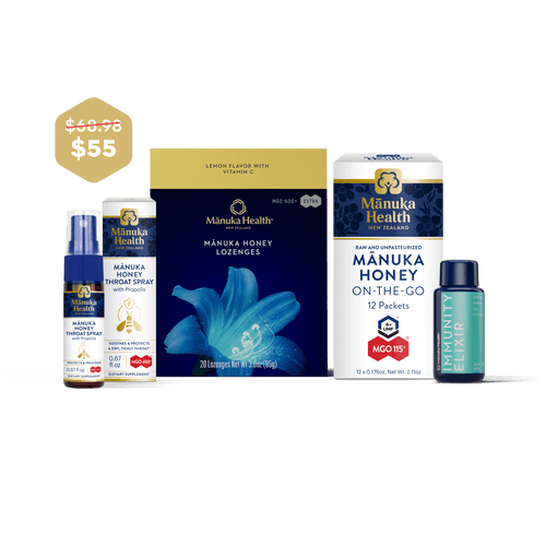 A bundle of Manuka Health products displayed on a dark green background, including a $55 deal sticker, Manuka Honey Lozenges box, Manuka Honey On-the-Go box, Manuka Honey Chest Spray, and an Immunity bottle.