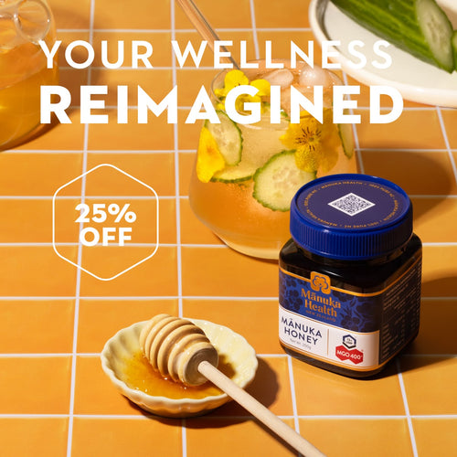 Manuka Health Manuka Honey jar with a honey dipper on an orange grid background, featuring promotional text.