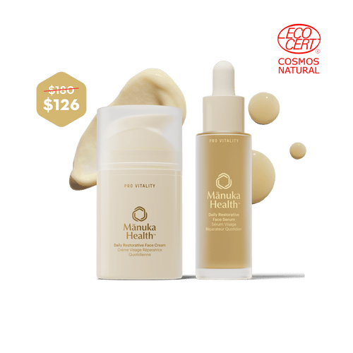 Manuka Health skincare products on a green background with a visible discount label.