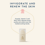 Skincare product with text about ingredients and benefits on a white background