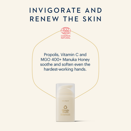 Skincare product with text about ingredients and benefits on a white background