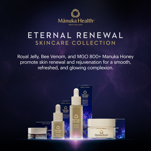 Manuka Health Eternal Renewal skincare collection on a dark background
