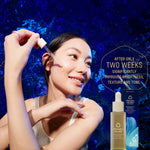 Woman applying Manuka Health Pro Vitality Face Serum skincare product with blue background and text about product benefits. 