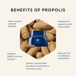 An informational graphic titled 'BENEFITS OF PROPOLIS' with a central hexagon showing a blue jar surrounded by propolis capsules, plus surrounding text listing health benefits on a light beige background.