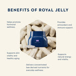 An informational graphic titled 'BENEFITS OF ROYAL JELLY' on a light cream background, with a central photo of a blue Royal Jelly jar surrounded by white capsules and text listing health benefits.