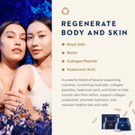 Beauty marketing graphic for a skincare product. The left side shows two women embracing against a dark blue background with purple flowers.