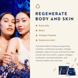 Beauty marketing graphic for a skincare product. The left side shows two women embracing against a dark blue background with purple flowers.