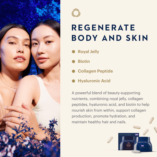 Beauty marketing graphic for a skincare product. The left side shows two women embracing against a dark blue background with purple flowers.
